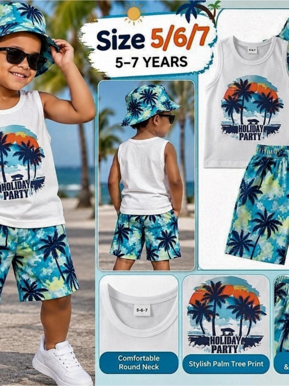 Boys Blue Palm Print 3-Piece Set Size 5/6/7